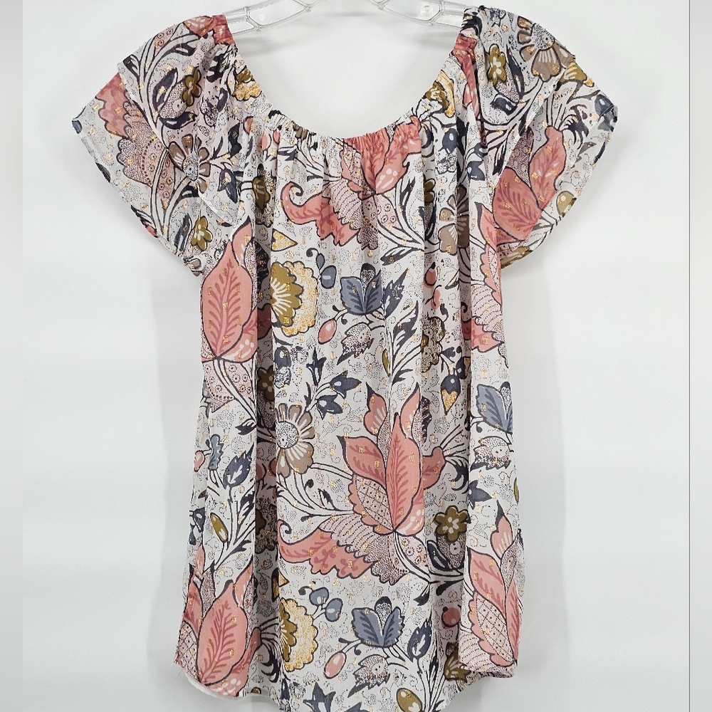 LOFT Floral Off-Shoulder Blouse in Pink, Blue, Brown